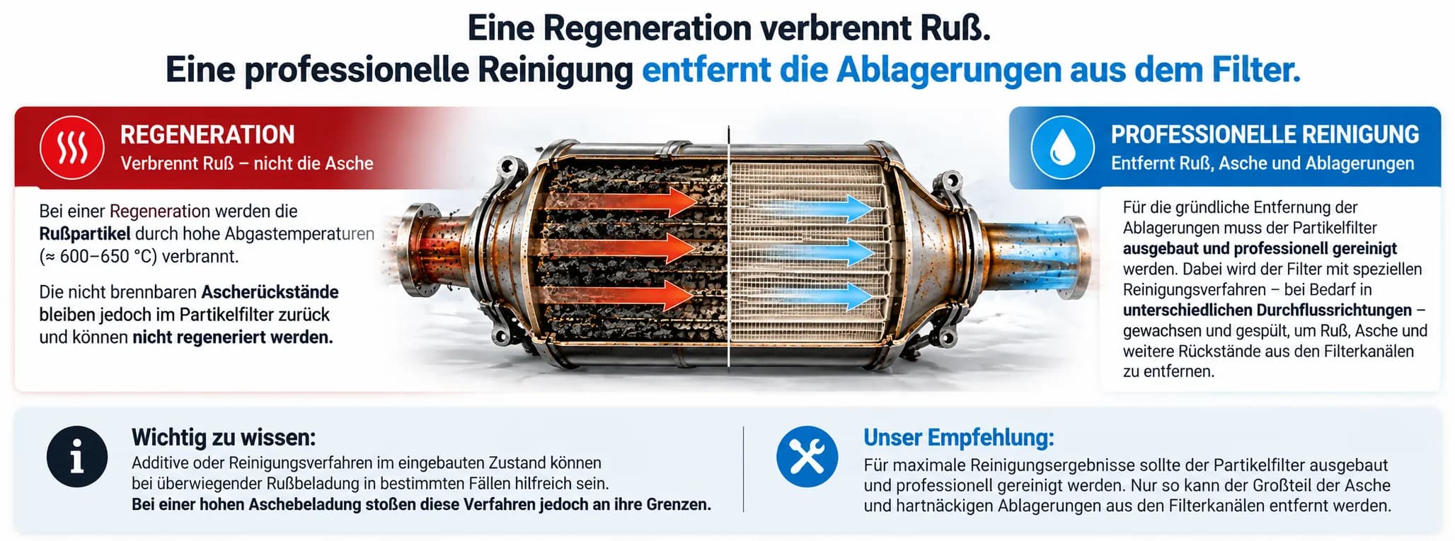 Grafik: Eine Regeneration verbrennt Ruß, eine professionelle Reinigung entfernt Ruß, Asche und weitere Ablagerungen aus dem Filter