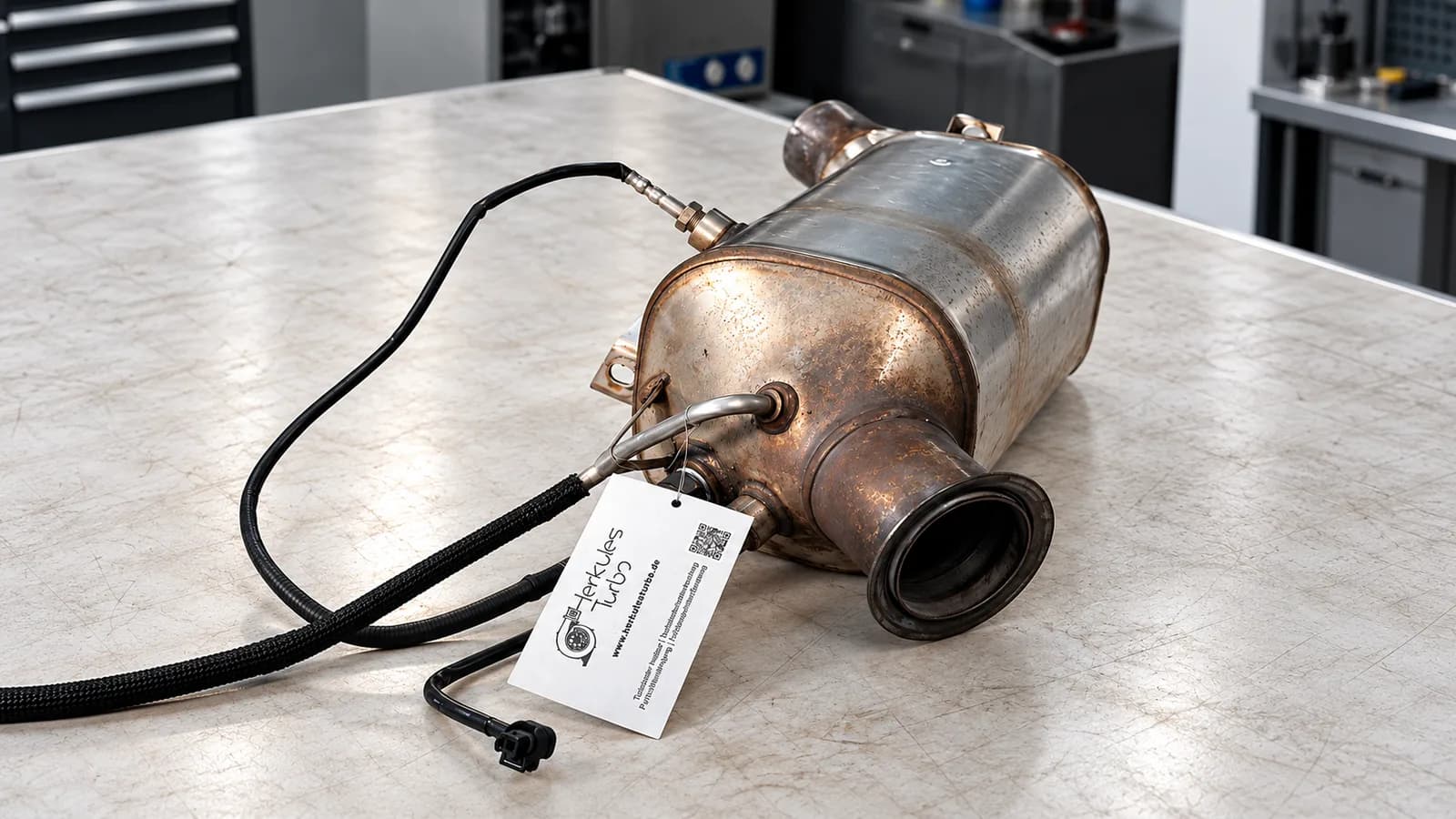 Gereinigter Dieselpartikelfilter mit HerkulesTurbo Service-Etikett auf der Werkbank