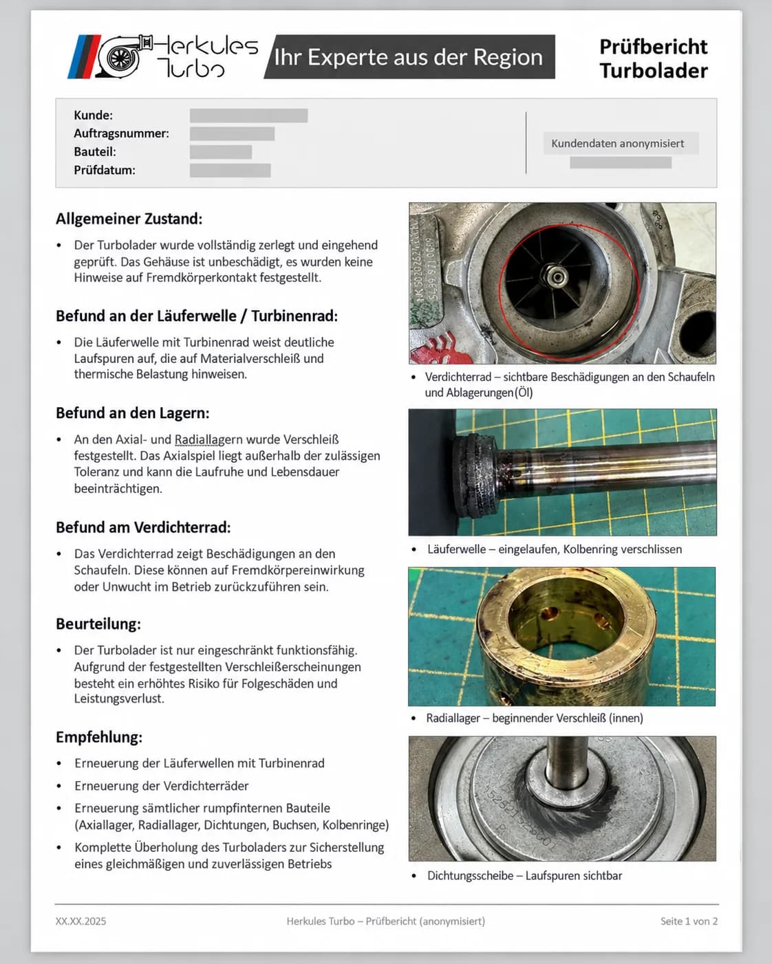 Anonymisierter Turbolader-Prüfbericht von HerkulesTurbo mit Befunden, Fotos und Empfehlung